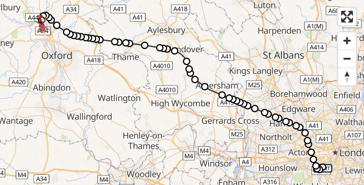 Flight path map showing Air Ambulance Helicopter route from London Heliport to London Oxford Airport