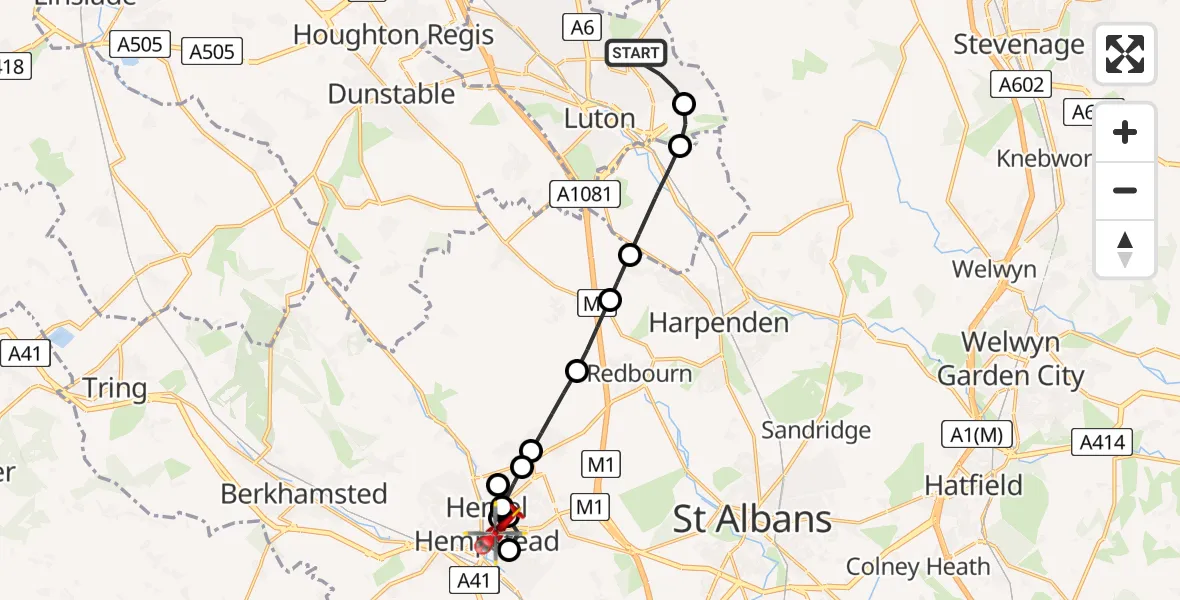 Flight path map showing Air Ambulance Helicopter route from Luton to Hemel Hempstead