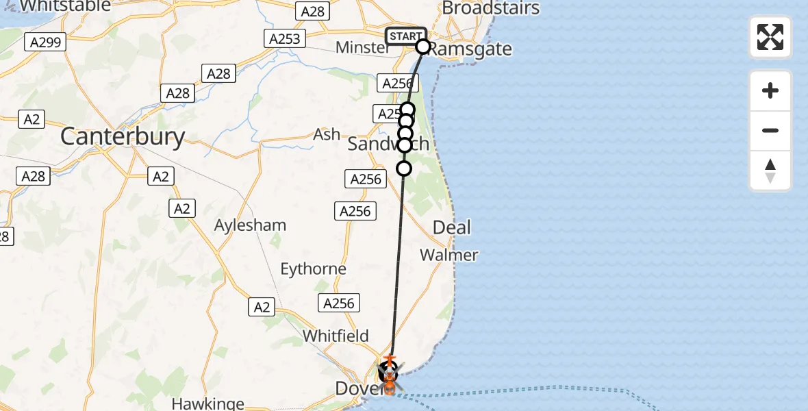 Flight path map showing Coastguard Helicopter route from Manston Airport to Langdon Battery Heliport
