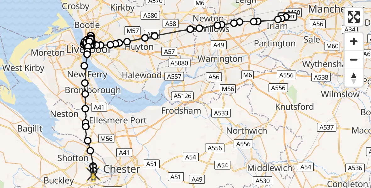 Flight path map showing Police Helicopter route from Manchester Barton Aerodrome to Hawarden Airport