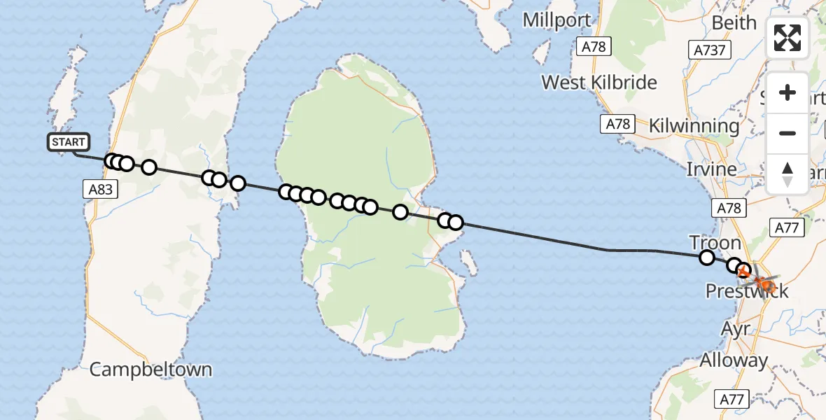 Flight path map showing Coastguard Helicopter route from Inner Seas to Glasgow Prestwick Airport