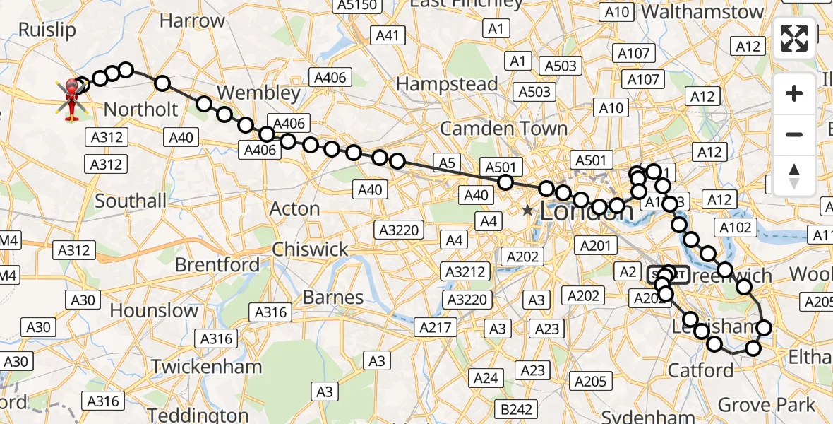 Flight path map showing Air Ambulance Helicopter route from New Cross Gate to RAF Northolt