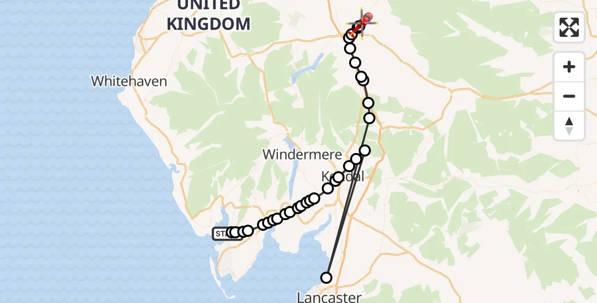 Flight path map showing Air Ambulance Helicopter route from Askam-in-Furness to Edenhall