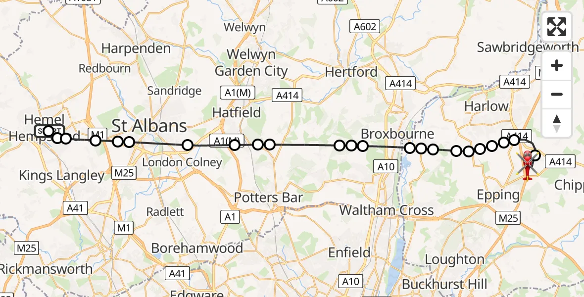Flight path map showing Air Ambulance Helicopter route from Corner Hall to North Weald Airfield