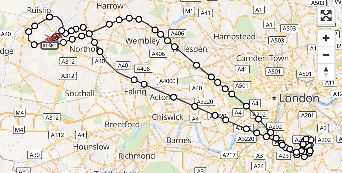 Flight path map showing Air Ambulance Helicopter route from RAF Northolt to RAF Northolt