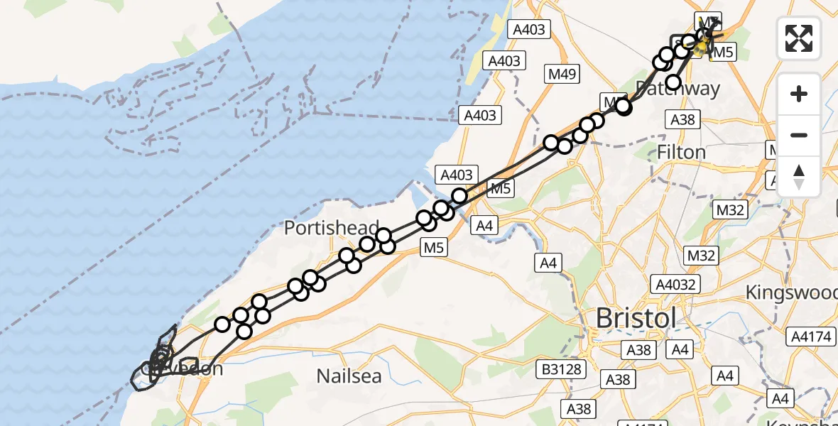 Flight path map showing Police Helicopter route from Almondsbury Helicopter Base to Almondsbury Helicopter Base