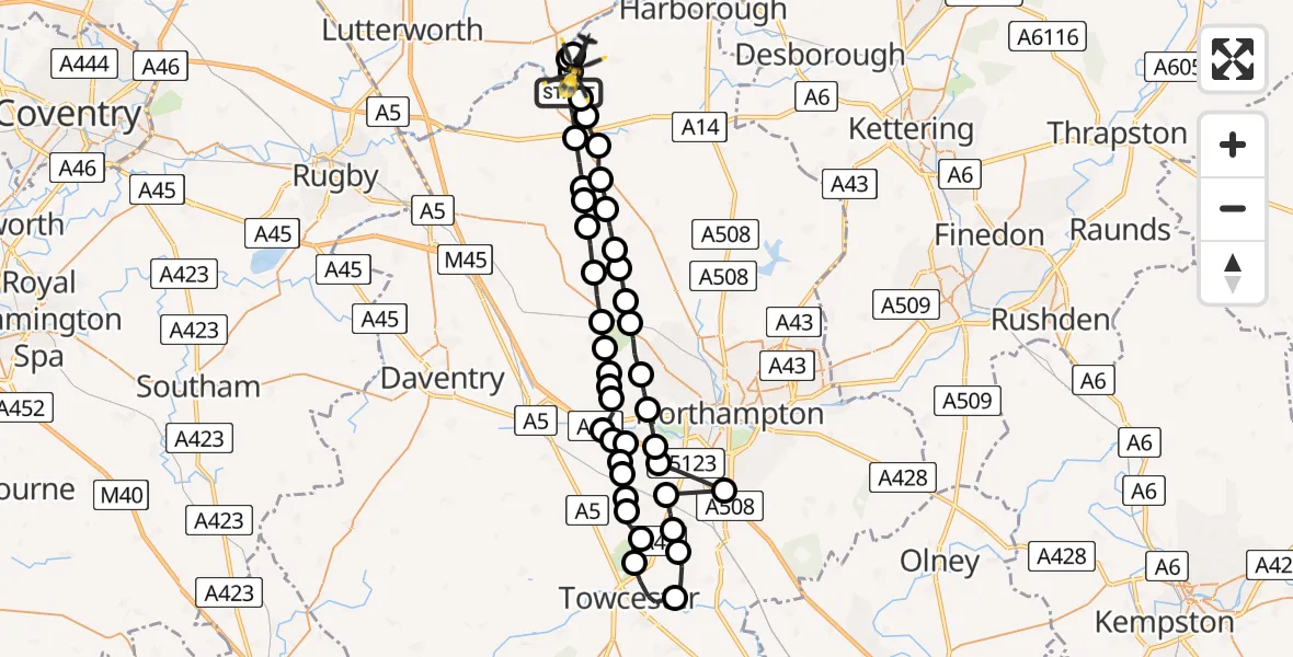 Flight path map showing Police Helicopter route from Welford to Harborough