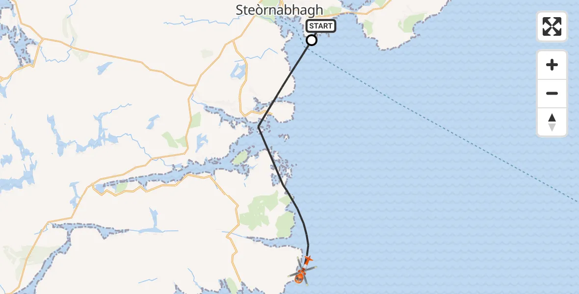 Flight path map showing Coastguard Helicopter route from Tolm to Inner Seas