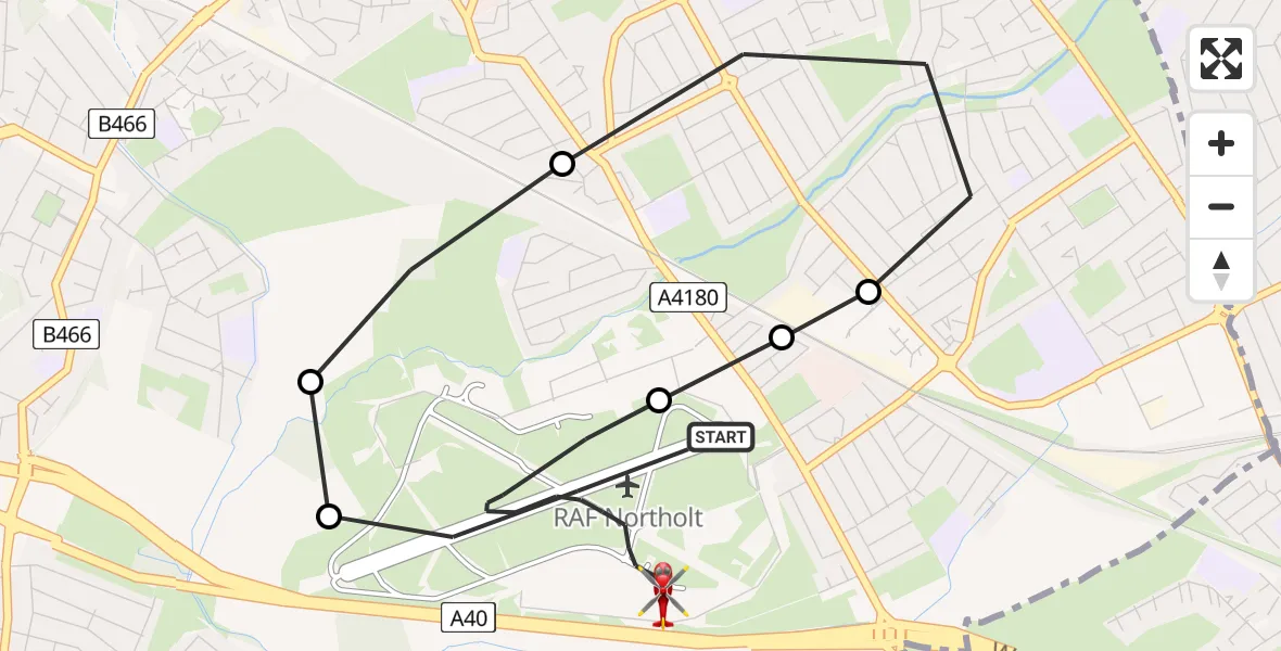 Flight path map showing Air Ambulance Helicopter route from RAF Northolt to RAF Northolt