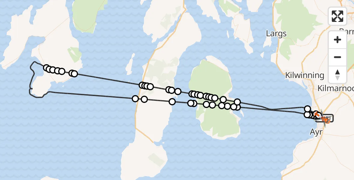 Flight path map showing Coastguard Helicopter route from Glasgow Prestwick Airport to Glasgow Prestwick Airport