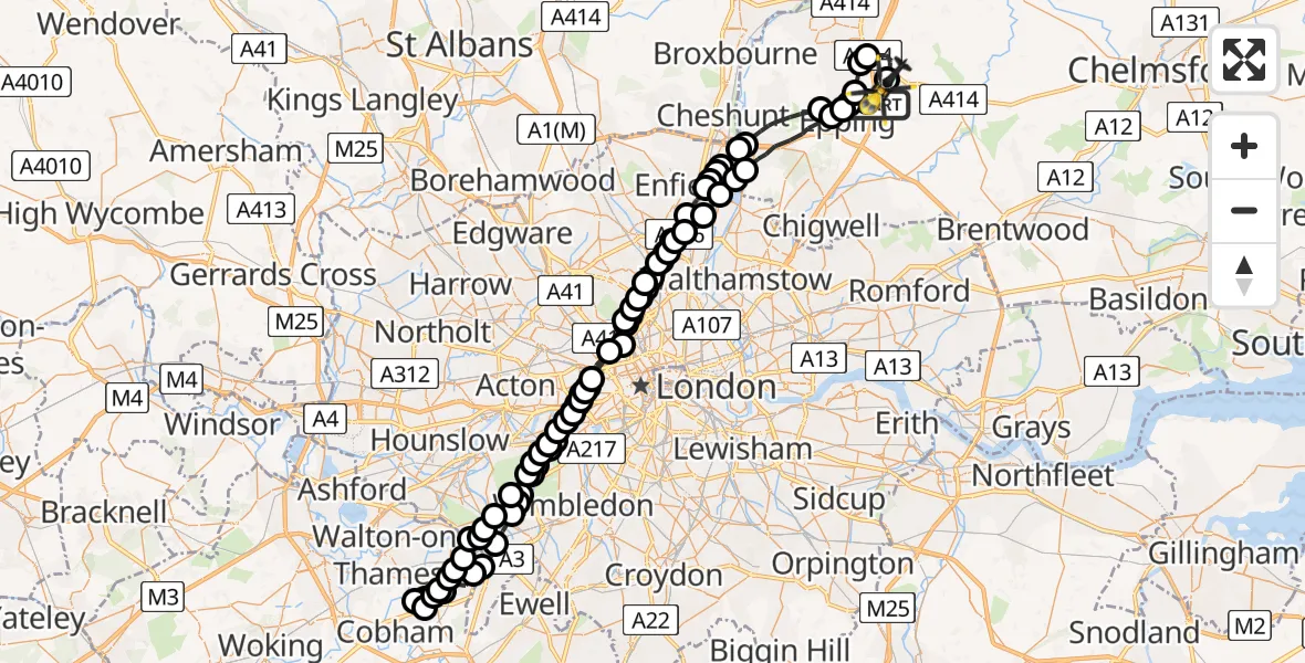 Flight path map showing Police Helicopter route from North Weald Airfield to North Weald Airfield