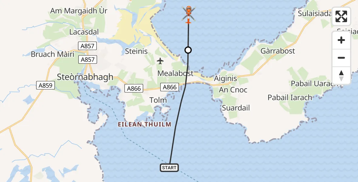 Flight path map showing Coastguard Helicopter route from Inner Seas to Mealabost