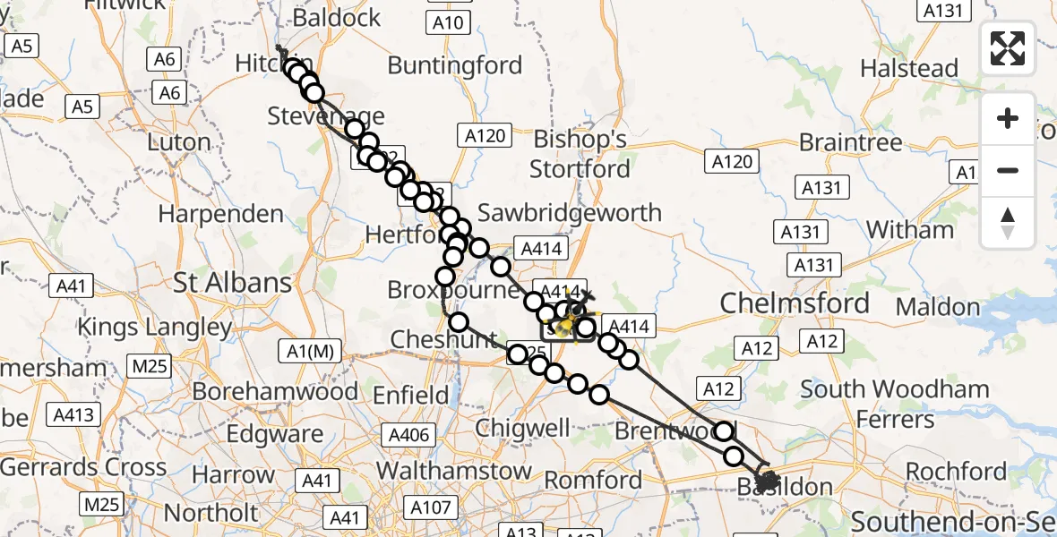 Flight path map showing Police Helicopter route from North Weald Airfield to North Weald Airfield