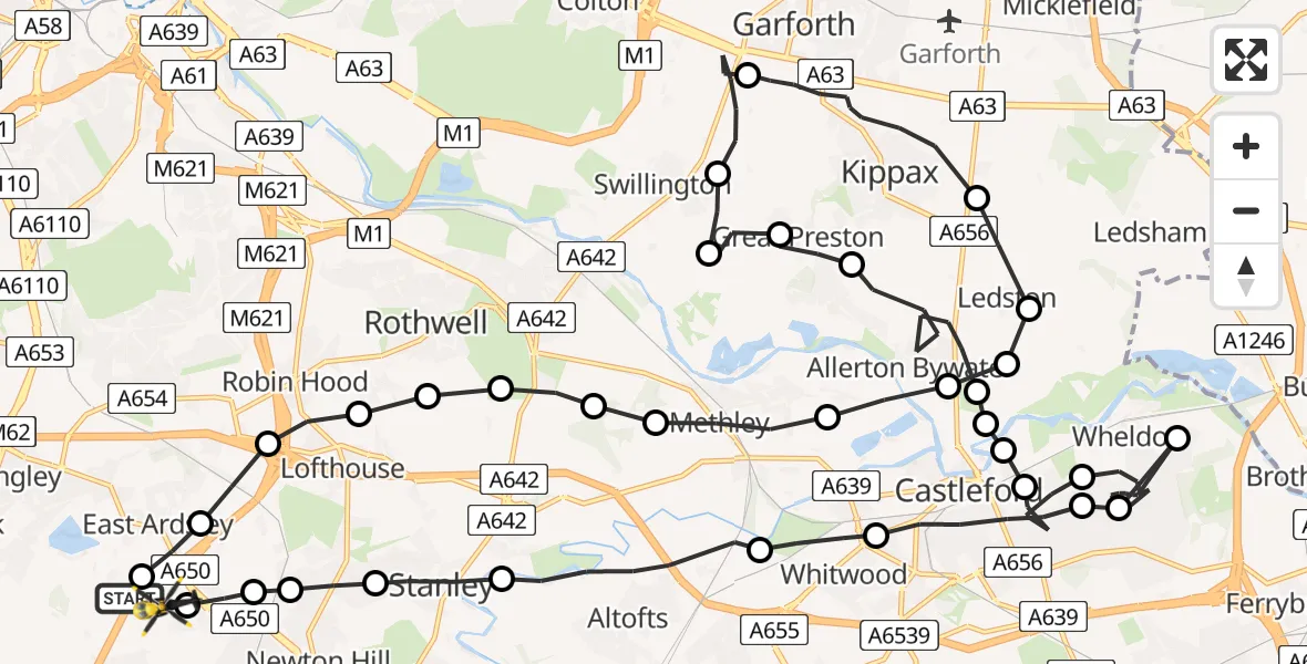 Flight path map showing Police Helicopter route from East Ardsley to East Ardsley
