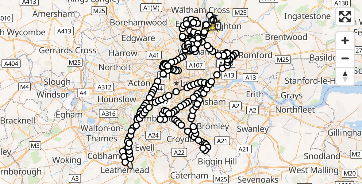 Flight route Police Helicopter Sewardstonebury - Metropolitan Police Air Support Unit Lippitts Hill, 14 April 2026, 21:50