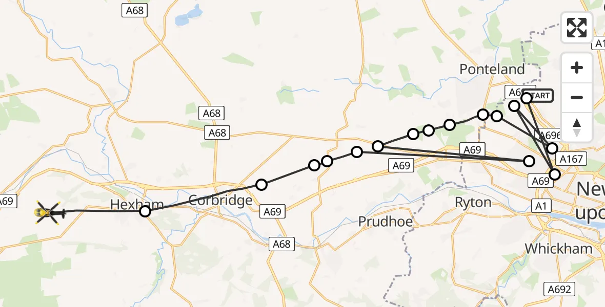 Flight path map showing Police Helicopter route from Newcastle International Airport to Haydon