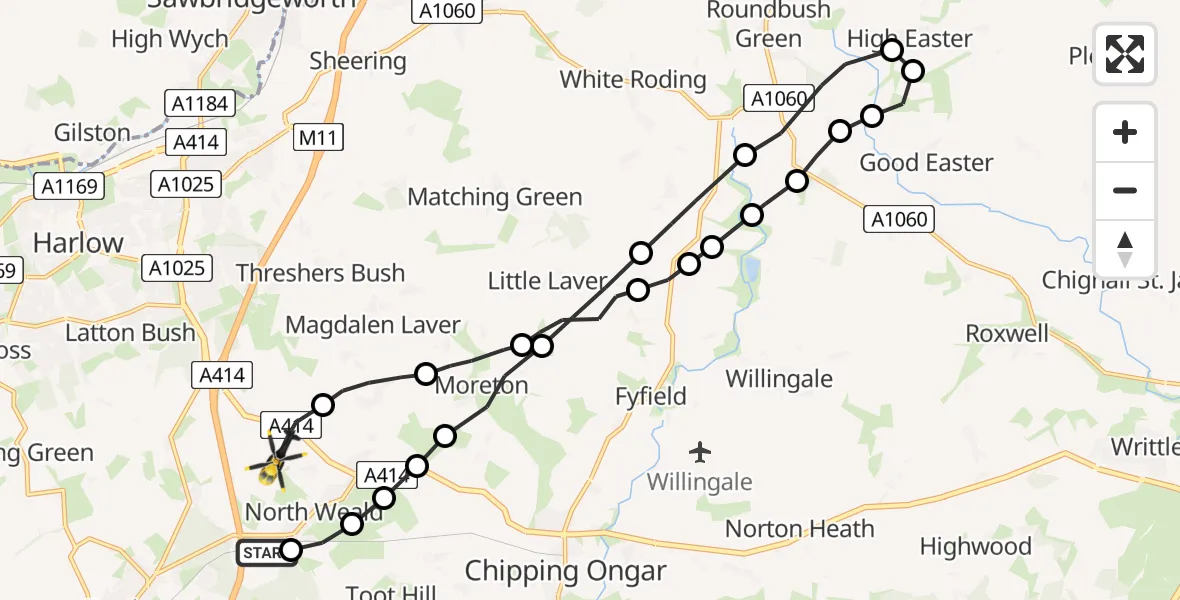 Flight path map showing Police Helicopter route from North Weald Airfield to North Weald Airfield