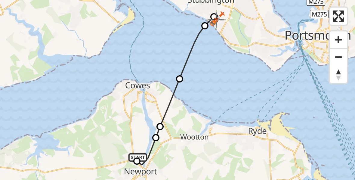 Flight path map showing Coastguard Helicopter route from St Marys Hospital Isle Of Wight to Solent Airport