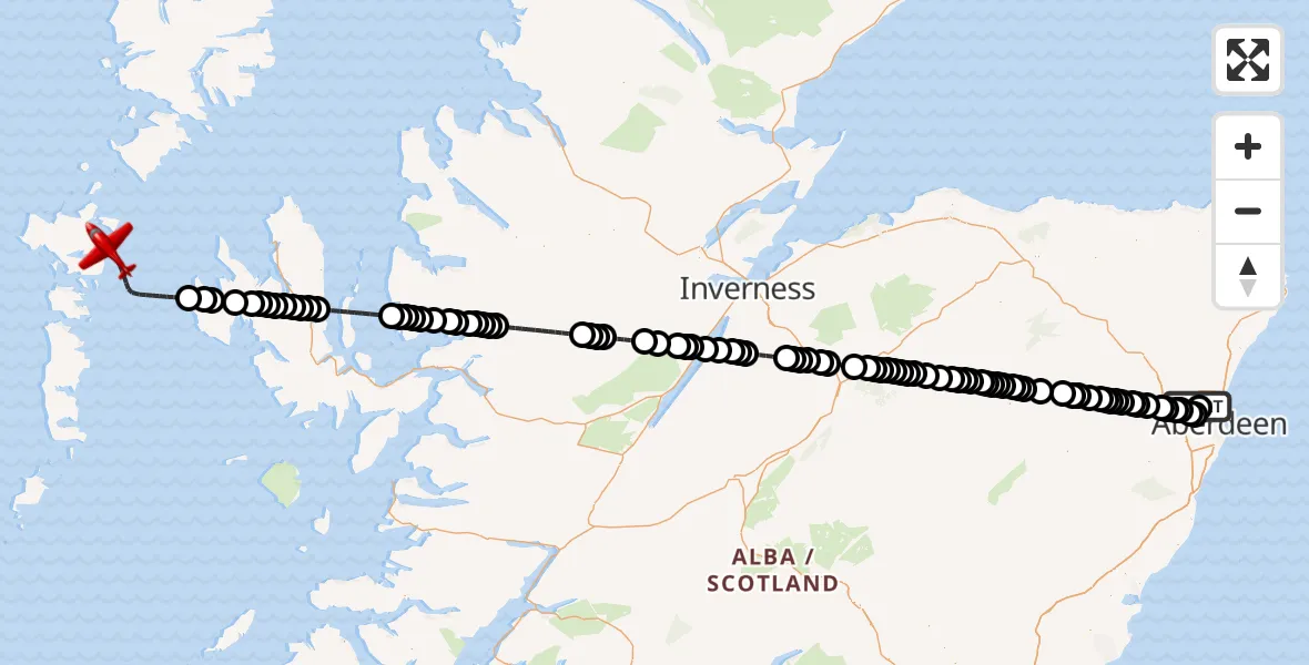 Flight path map showing Air Ambulance Aircraft route from Aberdeen International Airport to Inner Seas