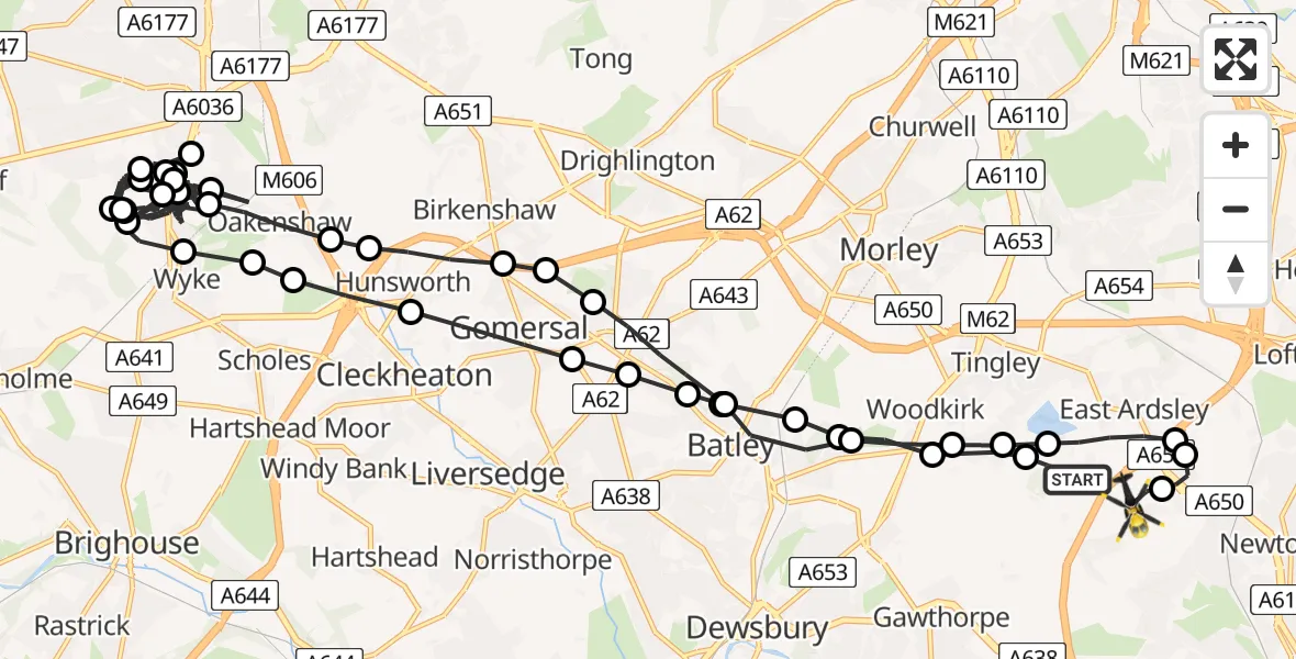 Flight path map showing Police Helicopter route from East Ardsley to East Ardsley