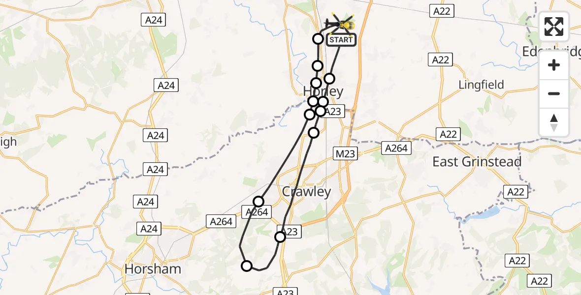 Flight path map showing Police Helicopter route from Salfords to Salfords