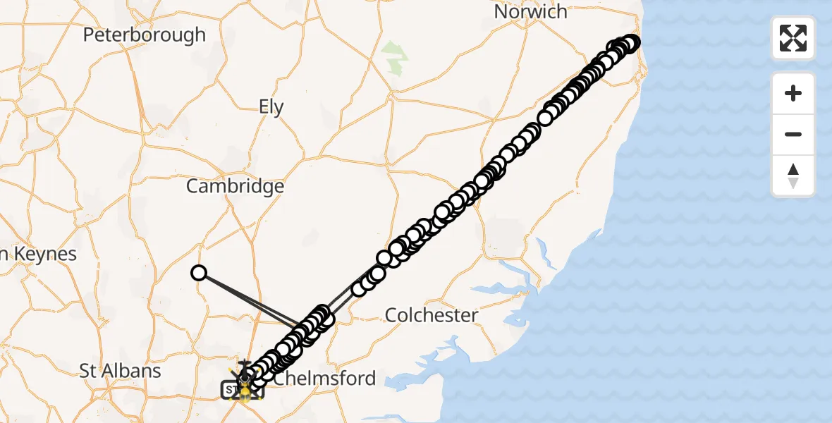 Flight path map showing Police Helicopter route from North Weald Airfield to North Weald Airfield