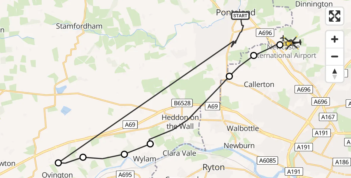 Flight path map showing Police Helicopter route from Ponteland to Newcastle International Airport