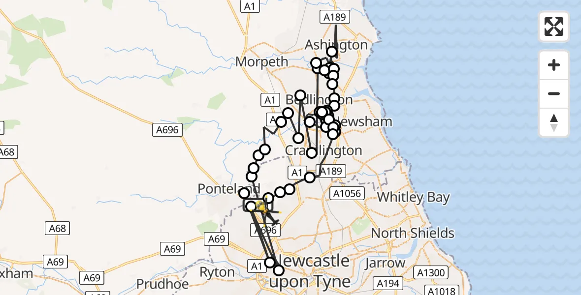 Flight path map showing Police Helicopter route from Newcastle International Airport to Woolsington
