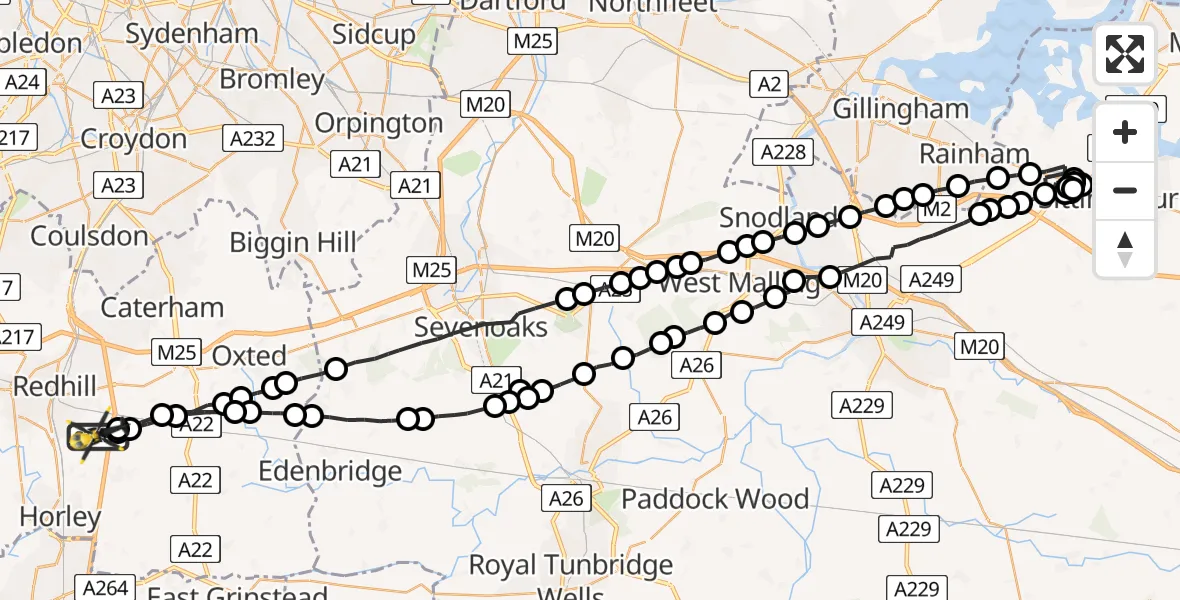 Flight path map showing Police Helicopter route from Redhill Aerodrome to Tandridge