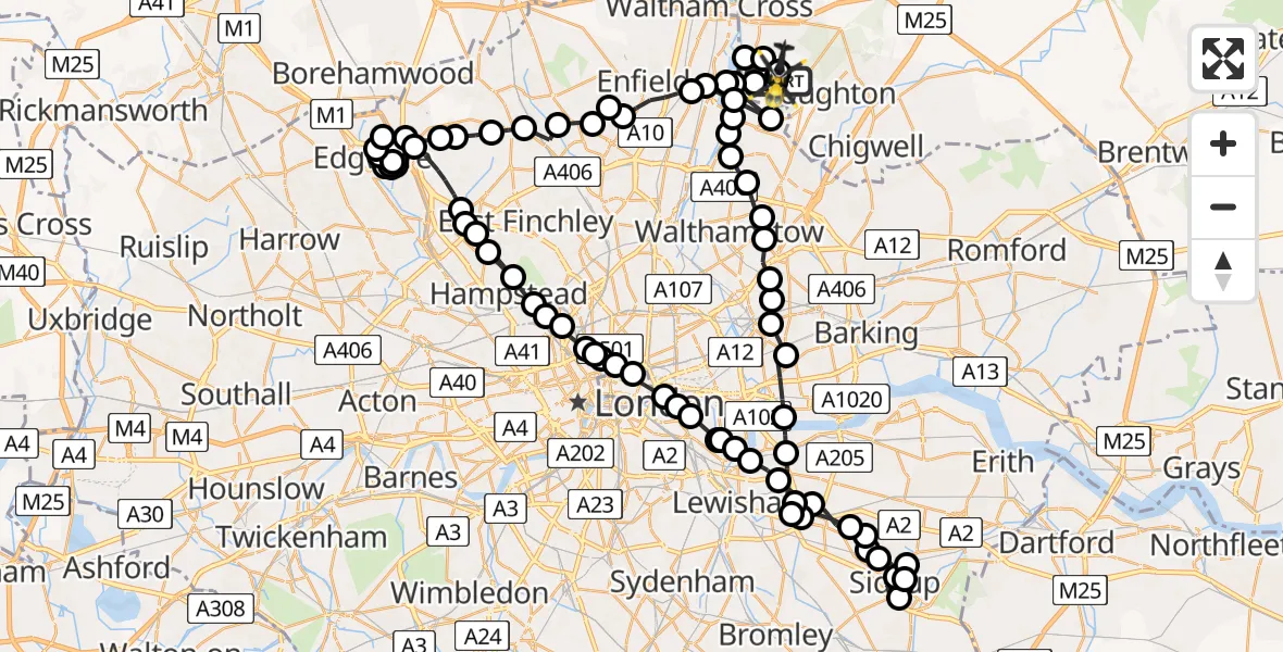 Flight path map showing Police Helicopter route from Metropolitan Police Air Support Unit Lippitts Hill to Metropolitan Police Air Support Unit Lippitts Hill