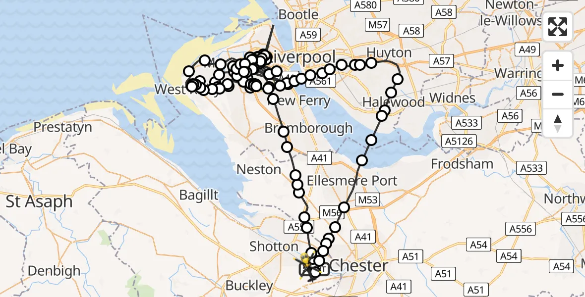 Flight path map showing Police Helicopter route from Hawarden Airport to Hawarden Airport