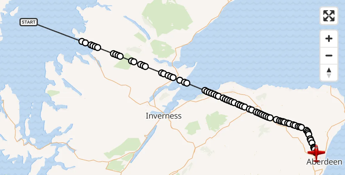 Flight path map showing Air Ambulance Aircraft route from Inner Seas to Aberdeen International Airport