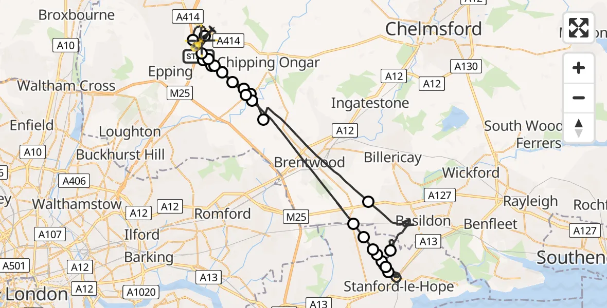 Flight path map showing Police Helicopter route from North Weald Airfield to North Weald Airfield