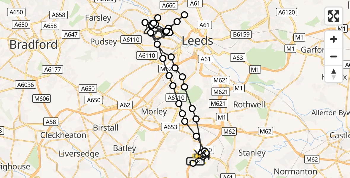 Flight path map showing Police Helicopter route from East Ardsley to East Ardsley