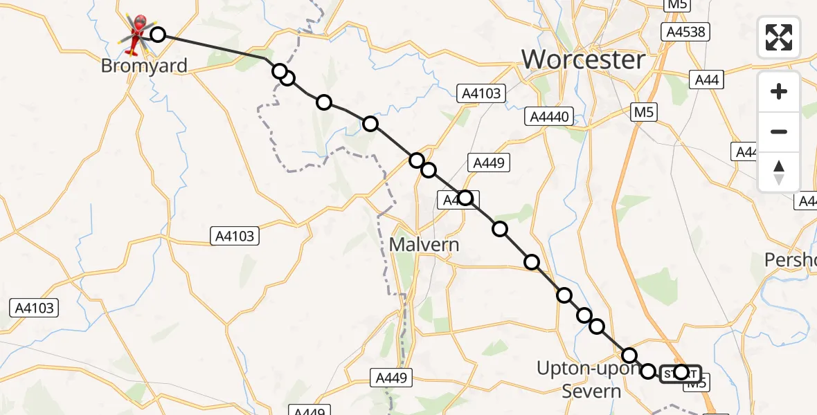 Flight path map showing Air Ambulance Helicopter route from Hill Croome to Bromyard