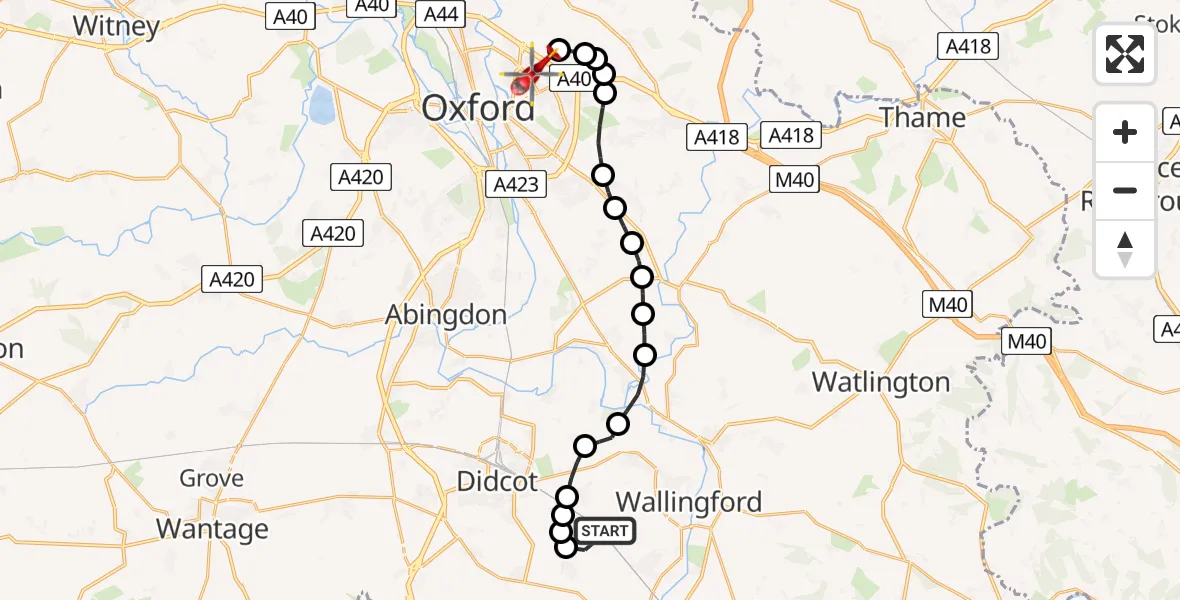 Flight path map showing Air Ambulance Helicopter route from South Moreton to Oxford