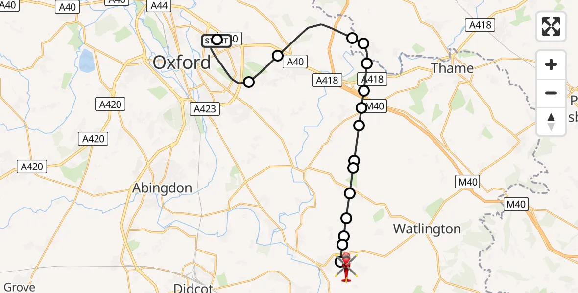 Flight path map showing Air Ambulance Helicopter route from John Radcliffe Hospital to RAF Benson