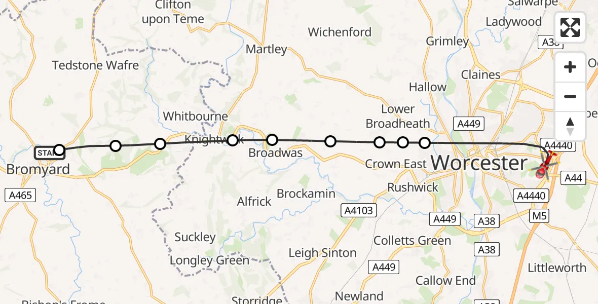 Flight path map showing Air Ambulance Helicopter route from Bromyard to Worcester