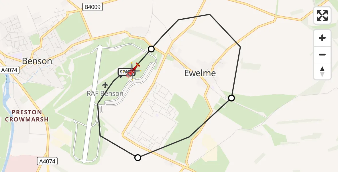 Flight path map showing Air Ambulance Helicopter route from RAF Benson to RAF Benson