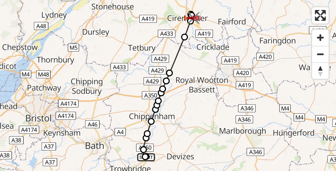 Flight path map showing Air Ambulance Helicopter route from Wiltshire Air Ambulance to Cirencester