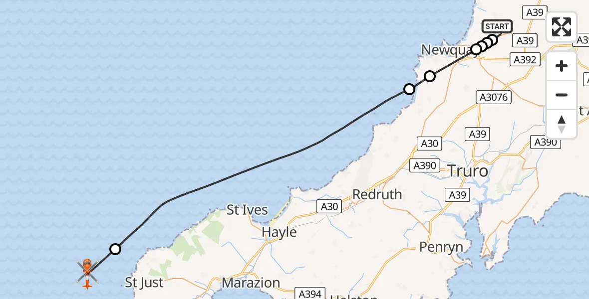 Flight path map showing Coastguard Helicopter route from Cornwall Airport Newquay to North Atlantic Ocean