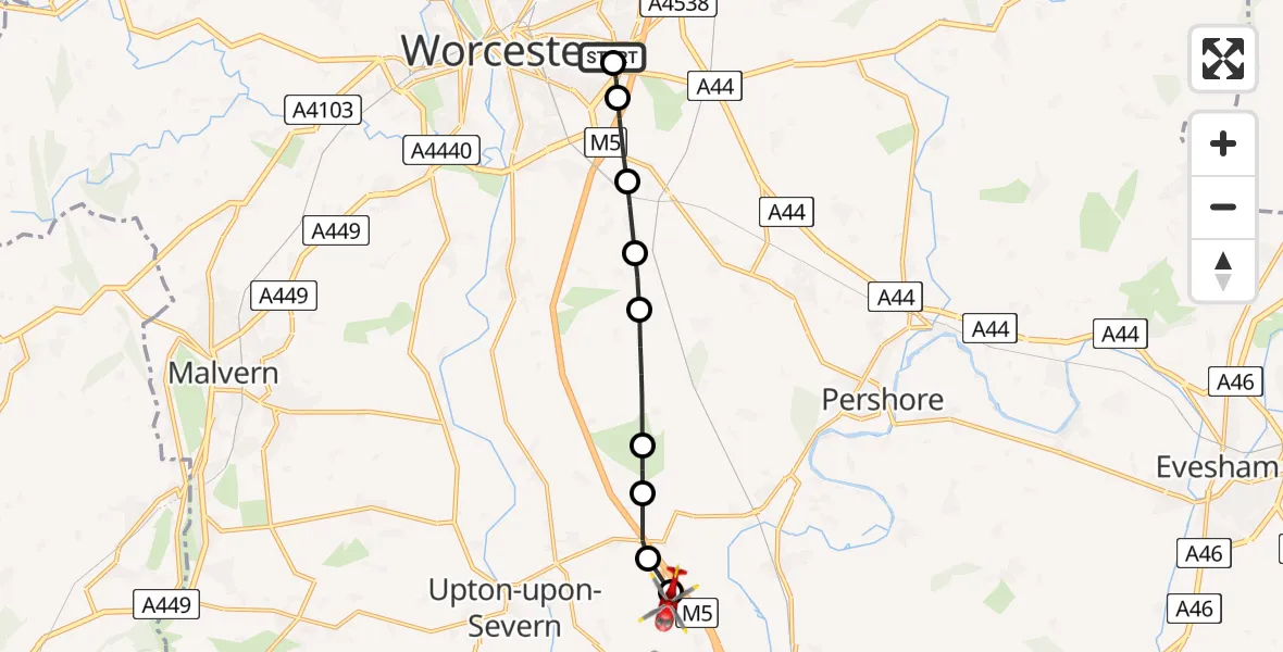 Flight path map showing Air Ambulance Helicopter route from Worcester Royal Hospital to Upper Strensham