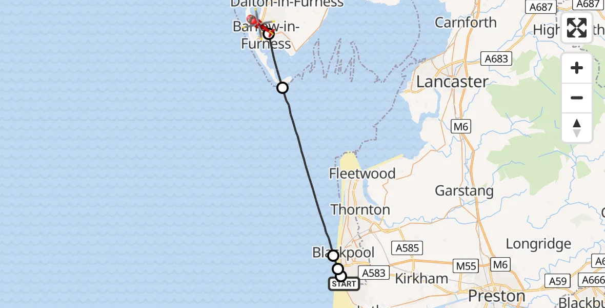 Flight path map showing Air Ambulance Helicopter route from Blackpool Airport to Barrow-in-Furness