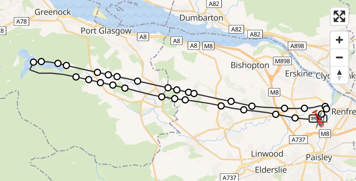 Flight path map showing Air Ambulance Helicopter route from Glasgow Airport to Glasgow Airport