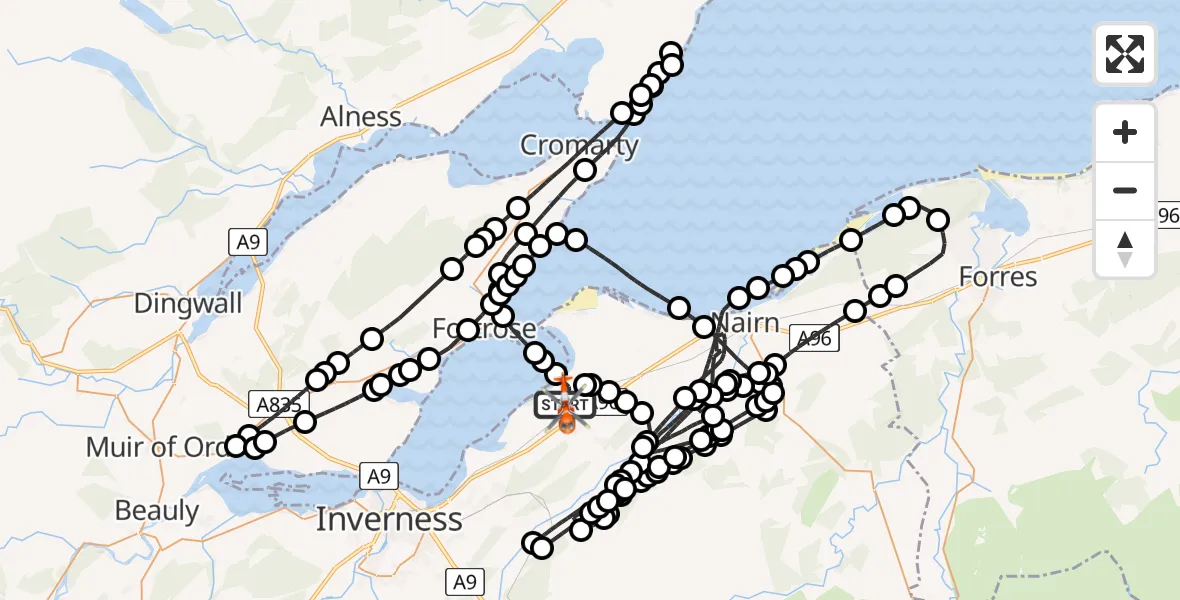 Flight path map showing Coastguard Helicopter route from Inverness Airport to Inverness Airport