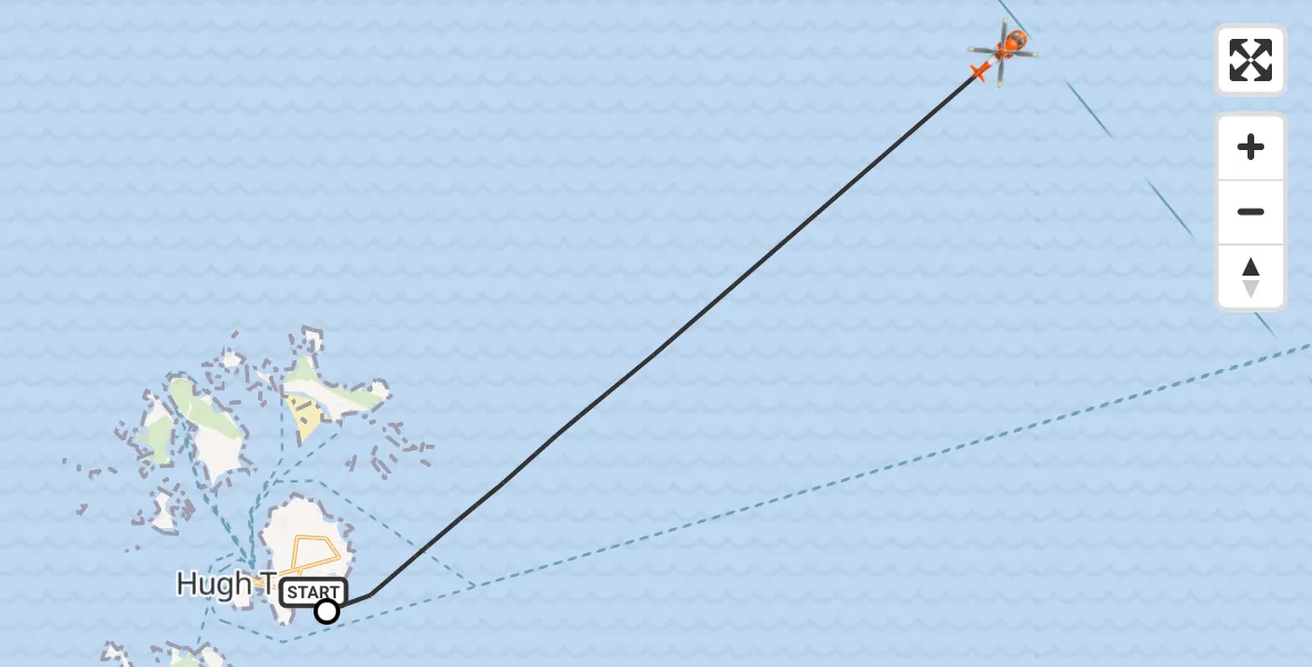 Flight path map showing Coastguard Helicopter route from St. Mary's Airport to North Atlantic Ocean