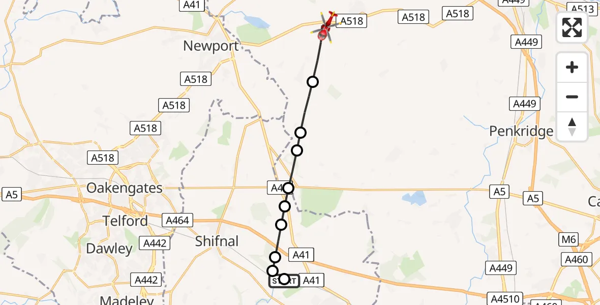 Flight path map showing Air Ambulance Helicopter route from RAF Cosford to Stafford