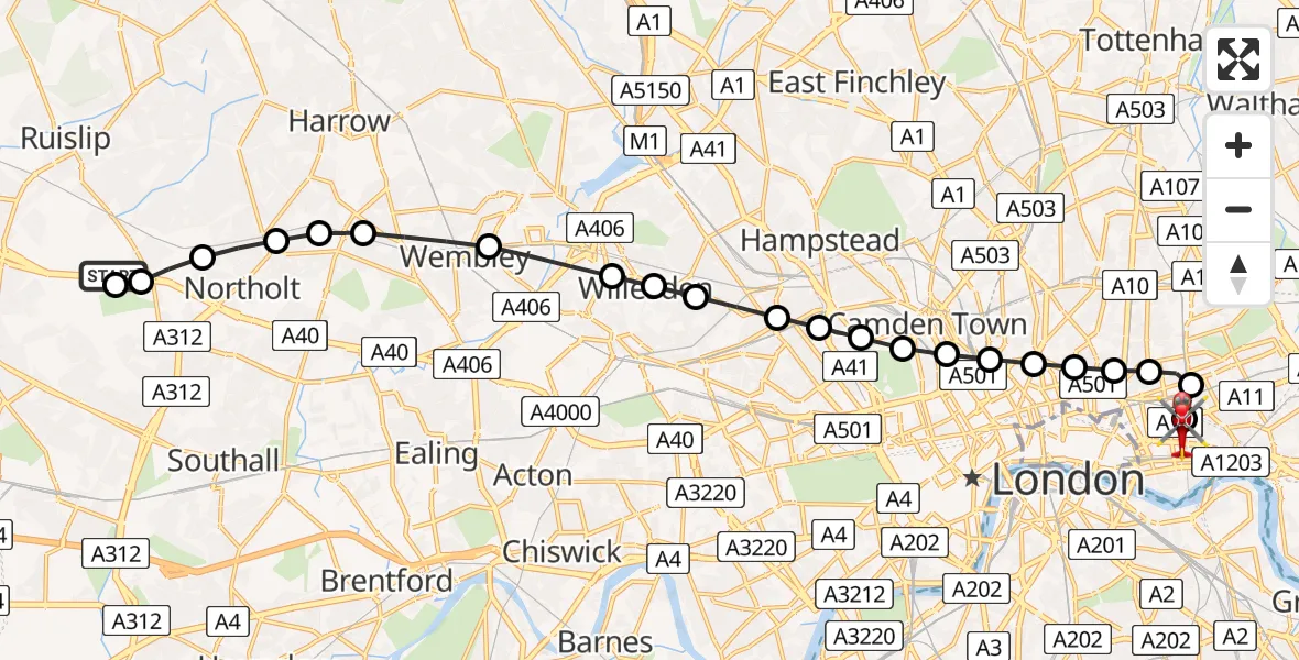 Flight path map showing Air Ambulance Helicopter route from RAF Northolt to Royal London Hospital