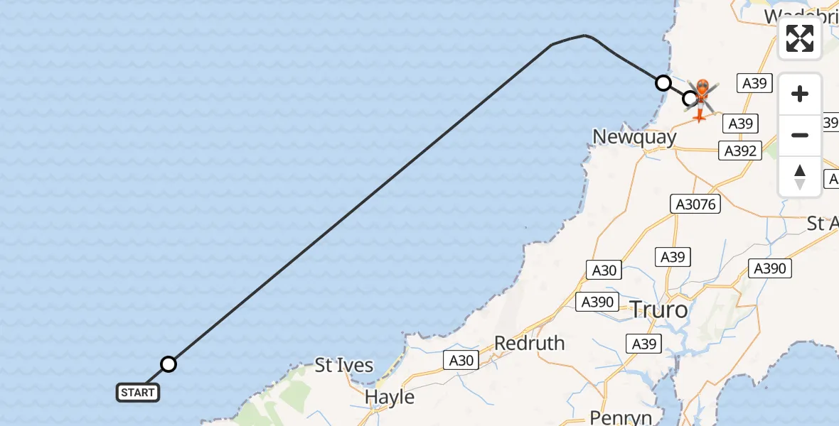 Flight path map showing Coastguard Helicopter route from North Atlantic Ocean to Cornwall Airport Newquay
