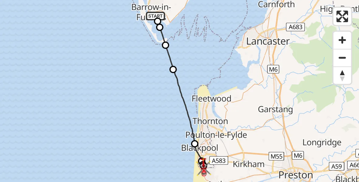 Flight path map showing Air Ambulance Helicopter route from Barrow-in-Furness to Blackpool Airport